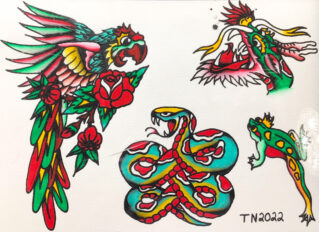 Colorful tattoo art: bird, snake, dragon, frog.